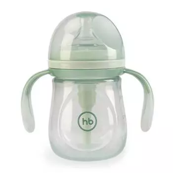 HAPPY BABY Бутылочка антиколиковая 0+ мес. с ручками и силиконовой соской, 180 мл. оливковая