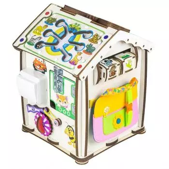 Iwoodplay Бизиборд "Домик Зверушки", со светом, 24х24х30 см