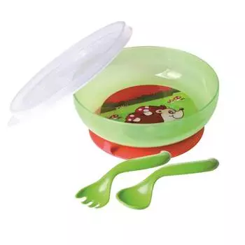 Миска на присоске с крышкой, вилкой и ложкой Canpol, 21/300, 9+ мес., зеленая