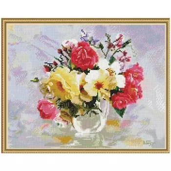Molly Алмазная мозаика с нанесенной рамкой "Бузин. Розы в кувшинчике", 40x50 см