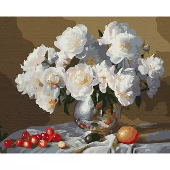 Molly Картина по номерам с цветной схемой на холсте "Натюрморт с белыми пионами", 30х40 см