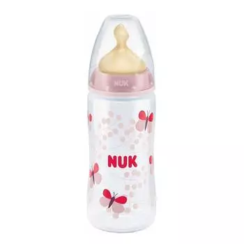 Nuk Бутылочка First Choice Plus с соской из латекса с рождения, 300 мл, розовая, бабочки