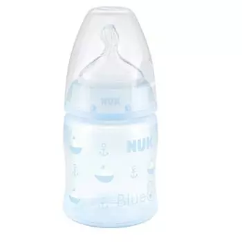 NUK First Choice + Бутылочка 150 мл из силикона с отверстием М, размер 1, Baby Blue