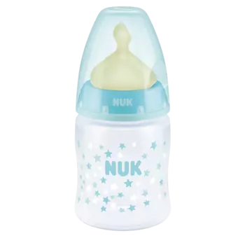 NUK First Choice + Бутылочка 150 мл с соской 0-6 мес. из латекса, для заменителей грудного молока, голубая