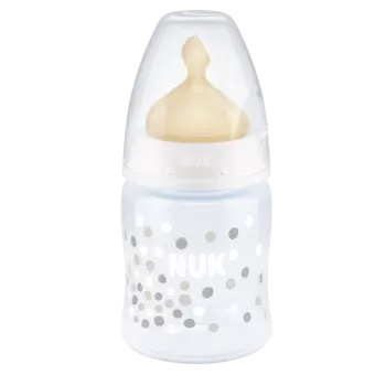 NUK First Choice + Бутылочка 150 мл с соской 0-6 мес. из латекса, для заменителей грудного молока, белая