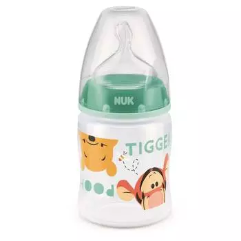 NUK First Choice + Бутылочка 150 мл с соской из силикона 0-6 мес., для заменителей грудного молока, зелёная Медвежонок Винни 10743746/2