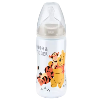NUK First Choice + Бутылочка 300 мл с соской из силикона 0-6 мес., для заменителей грудного молока, серая Медвежонок Винни