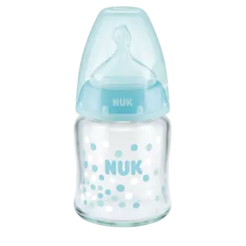 NUK First Choice + Бутылочка стекло 120 мл с соской 0-6 мес. из силикона, для заменителей грудного молока, голубая