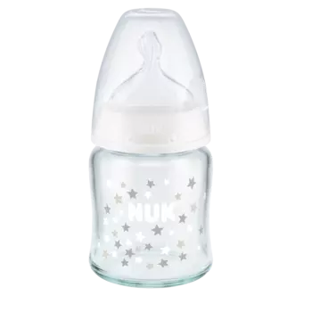 NUK First Choice + Бутылочка стекло 120 мл с соской 0-6 мес. из силикона, для заменителей грудного молока, белая