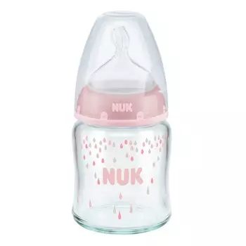 NUK First Choice + Бутылочка стекло 120 мл с соской 0-6 мес. из силикона, для заменителей грудного молока, розовая 10747096/3