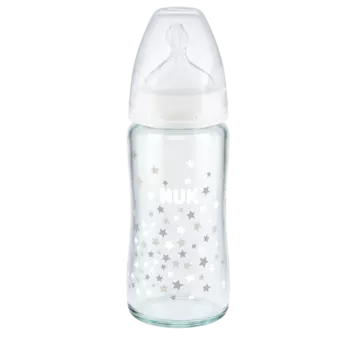NUK First Choice + Бутылочка стекло 240 мл с соской 0-6 мес. из силикона для заменителей грудного молока, белая