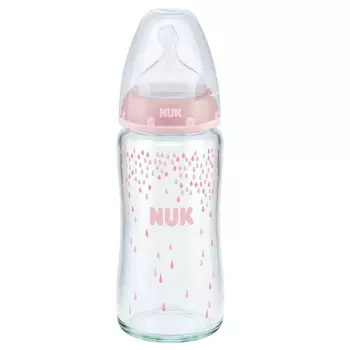 NUK First Choice + Бутылочка стекло 240 мл с соской 0-6 мес. из силикона для заменителей грудного молока, розовая 10745100/2
