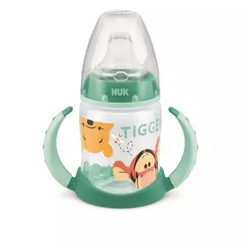 NUK First Choice + Обучающая бутылочка 150 мл, 6-18 мес. с силиконовой насадкой и ручками, зеленая Медвежонок Винни