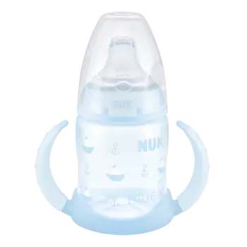 NUK Обучающая бутылочка 6+ мес. 150 мл с насадкой из силикона и ручками, Baby Blue кораблики
