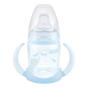NUK Обучающая бутылочка 6+ мес. 150 мл с насадкой из силикона и ручками, Baby Blue слоник