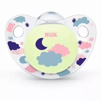 NUK Пустышка 0-6 мес. силиконовая ортодонтическая NIGHT&amp;DAY облака 10730210/1
