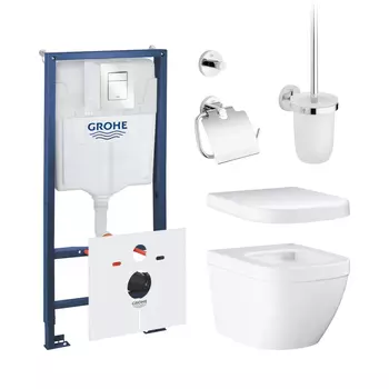 Готовый набор для туалета GROHE Euro Ceramic: унитаз подвесной, инсталляция GROHE Rapid SL с панелью Skate Cosmopolitan S альпин-белый, сиденье и аксессуары (NW0049)