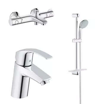 Готовый набор для ванны GROHE: смеситель для раковины, термостатический смеситель для ванны, душевой гарнитур, хром (124422)
