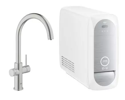 Смеситель для кухни GROHE Blue Home с функциями фильтрации, охлаждения и газирования водопроводной воды (фильтр в комплекте), суперсталь (31455DC0)