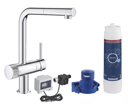 Смеситель для кухни GROHE Blue Pure Minta для подачи смешанной и фильтрованной воды c C-образным изливом, головка для фильтра, фильтр UltraSafe на 3000 л, счетчик, хром (30393000)
