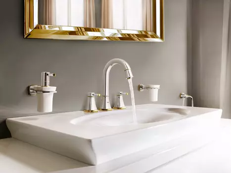 Смеситель для раковины GROHE Grandera с донным клапаном и высоким изливом, хром/золото (20389IG0)