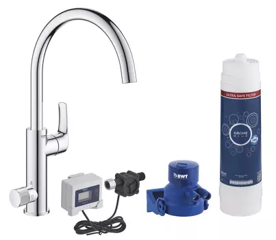 Смеситель кухонный GROHE Blue Pure Eurosmart для подачи смешанной и фильтрованной воды c C-образным изливом, головка для фильтра, фильтр UltraSafe на 3000 л, счетчик, хром (30384000)