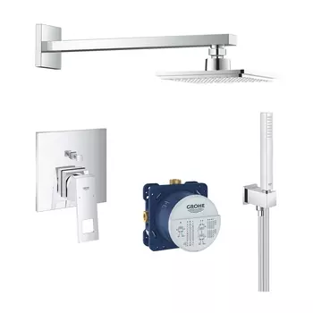 Набор для душа: смеситель для ванны GROHE Eurocube, верхний душ, ручной душ, квадратная розетка, хром (119698)