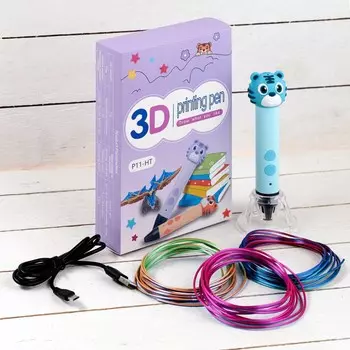 3d ручка тигренок, работа с пластиком pla, usb кабель питания, голубая
