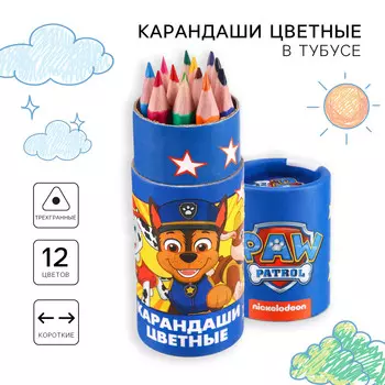 Цветные карандаши в тубусе, 12 цветов, трехгранные, щенячий патруль