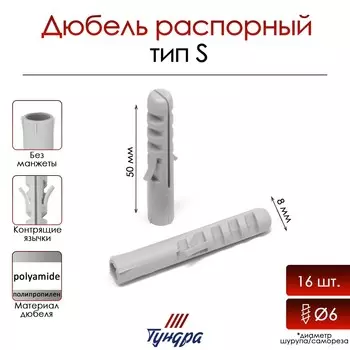 Дюбель тундра, тип s, распорный, полипропиленовый, 850 мм, 16 шт.