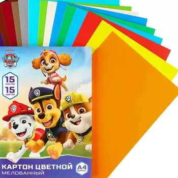 Цветной картон, а4, 15 листов, 15 цветов, мелованный, односторонний, в папке, 220 г/м,