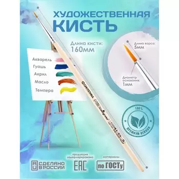 Кисть для рисования, синтетика круглая №0 (диаметр обоймы 1 мм; длина волоса 5 мм), деревянная ручка, calligrata