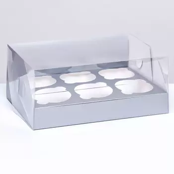 Кондитерская складная коробка для 6 капкейков 23,5 х 16 х 10 , серебро