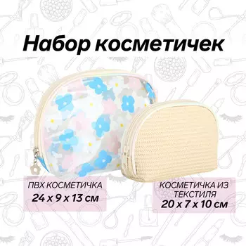 Набор простых косметичек на молниях 2 в 1, с принтами, бежевый