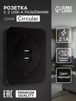 Розетка с 2 usb-a разъемами, 2.1 а, 5 в, серия circular, скрытый монтаж, черная
