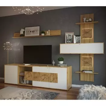 Стенка берген, 3200х420х2200, дуб крафт золотой/белый матовый + мдф декор