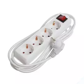 Удлинитель luazon lighting, 4 розетки, 3 м, 10 а, 2200 вт, 31.5 мм2, с заземлением, с выключателем, белый