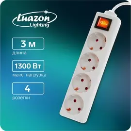 Удлинитель luazon lighting, 4 розетки, 3 м, 10 а, 1300 вт, 3х0.75 мм2, с з/к, с выкл.,