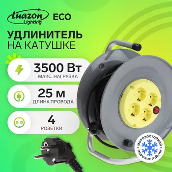 Удлинитель мороз-кий на катушке luazon lighting eco, 4 роз, 25 м, 16 а, кг 3х1.5 мм2,с выкл
