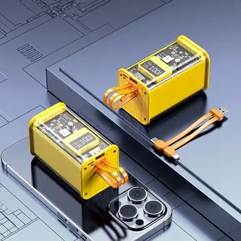 Внешний портативный аккумулятор crr-30, 10000 мач, 2usb, 3 а, с дисплеем, qc, кабелиtype-c+lightning, желтый