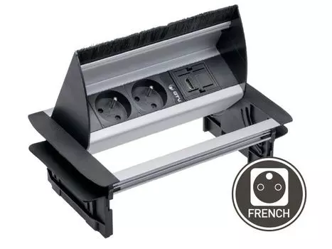 Блок розеток настольный 2 розетки (French) 1хHDMI без нижнего корпуса, с щёткой, алюминий, с проводом 1,5 метра