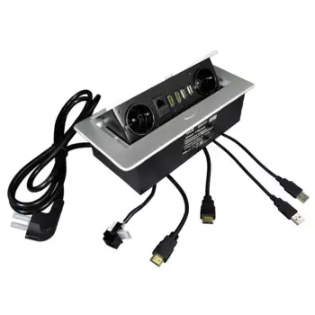 Блок розеток прямоугольный выдвижной 2 розетки(Schuko), 2xSCHUKO+2 USB+1 RJ45+2 HDMI, 1,8м,серебро