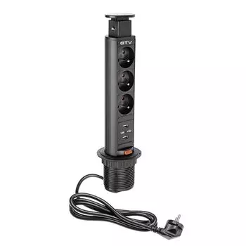 Блок розеток выдвижной 3 розетки AE-BPW3U60U-20 (French) 2xUSB, черный, с проводом 1,5 метра