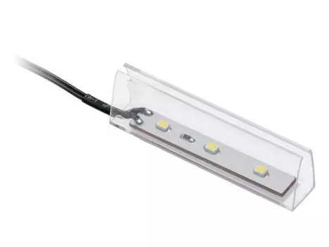 Клипса пластиковая для стеклянной полки светодиодная на стекло 10мм, 3 диода 0,25W, 12V, 2м провод, синий свет