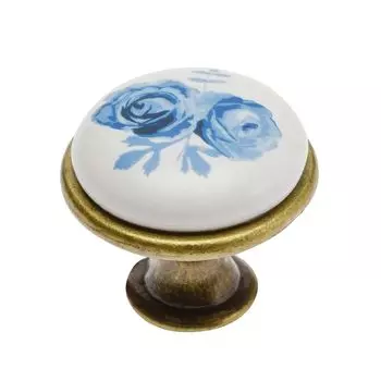 Ручка мебельная керамика кнопка GP-0728-J4-A (синяя роза) старое золото