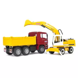 Самосвал Bruder MAN с колёсным экскаватором Liebherr (подходит модуль со звуком и светом "H")