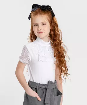 Блузка с коротким рукавом и кружевным жабо белая Button Blue (152)