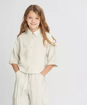 Блузка с коротким рукавом серая укороченная для девочки с карманом Button Blue