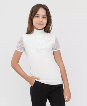 Блузка трикотажная с коротким рукавом и жабо белая Button Blue (164)