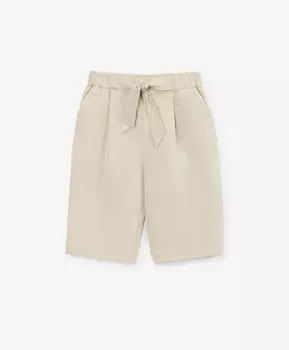 Брюки для девочки льняные прямой свободной формы с поясом на резинке бежевые Gulliver